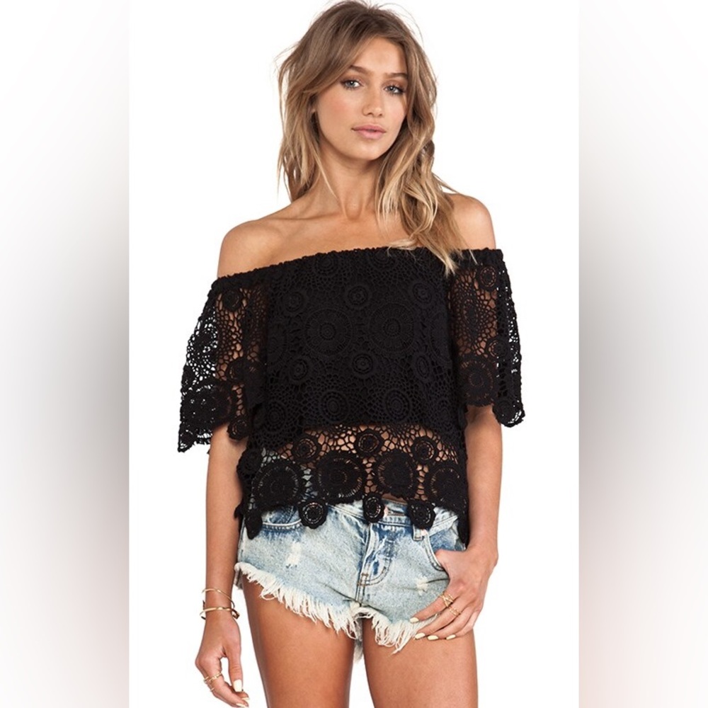 NIGHTCAP Free People *Carmen* black crochet boho off shoulder crop top 1 XS S